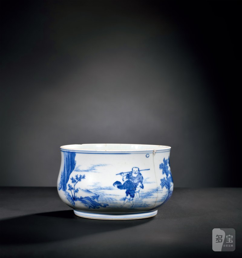 明崇祯 青花山水景致罗汉图炉 - 图1